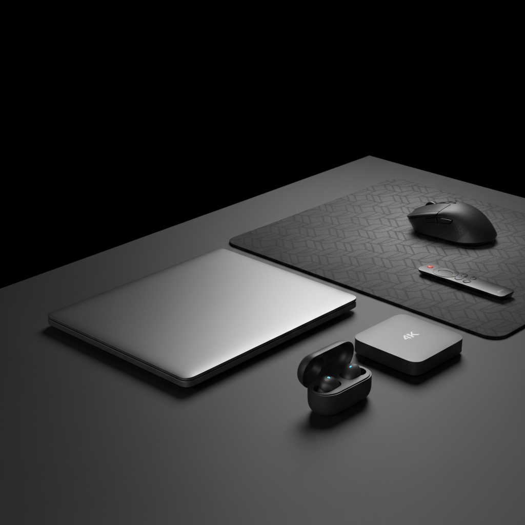 A dramatic yet clean technology-focused scene on a dark charcoal desk, featuring a selection of high-end gadgets for a performance comparison guide: an ultra-slim laptop in brushed aluminum half-closed to show its tapered profile, a gaming-grade wireless mouse resting on a textured mousepad, a compact 4K streaming device with its minimalist remote, and a pair of true wireless earbuds in an open charging case with subtle status LEDs. A single overhead light with a softbox effect creates directional highlights and controlled, moody shadows, emphasizing contours and materials. The background fades to deep black, isolating the products. Shot at a low, three-quarter angle with shallow depth of field, the atmosphere is premium and focused, rendered in precise photographic realism.