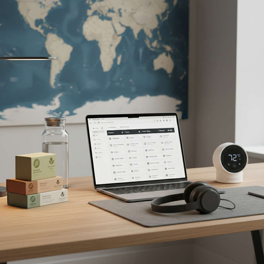 A modern workspace desk in light oak, viewed at a slightly elevated angle, displaying an open thin-bezel laptop showing a comparison grid of product specs, surrounded by neatly arranged items: a pair of wireless noise-cancelling headphones folded on a felt desk mat, a smart thermostat device, a glass water carafe, and a small stack of eco-labeled product boxes. A world map in muted tones is partially visible as a printed poster on the wall behind, reinforcing the global theme. Soft, indirect daylight from the right and a subtle warm desk lamp glow from the left create a balanced, professional ambiance. Shallow depth of field keeps the laptop and nearby products in sharp focus, background slightly blurred, in crisp photographic realism for a consumer insights feature.