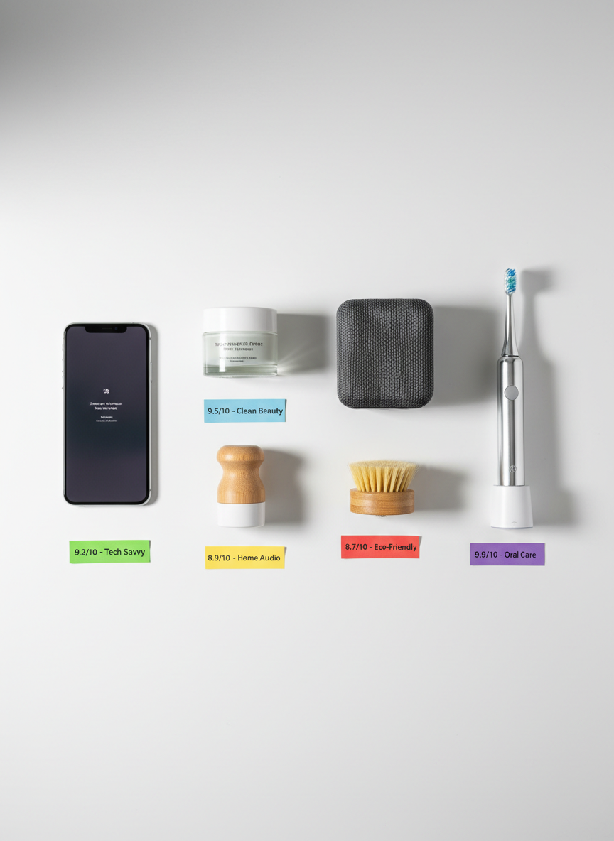 A curated flat lay of global consumer products arranged on a clean, matte white tabletop: a sleek silver smartphone with a minimal interface display, a glass jar of fragrance-free moisturizer with a frosted lid, a compact smart speaker in dark charcoal fabric, a bamboo-handled dish brush, and a chrome electric toothbrush standing in its charging base. Subtle, color-coded sticky labels beneath each item hint at reviews and ratings. Soft studio lighting from the left creates gentle, professional shadows and crisp highlights on reflective surfaces. The background falls into a faint gradient, keeping focus sharp on every object. Captured from a perfectly overhead, bird’s eye perspective with photographic realism, the mood is professional, trustworthy and organized, ideal for a global buying guide homepage hero image.
