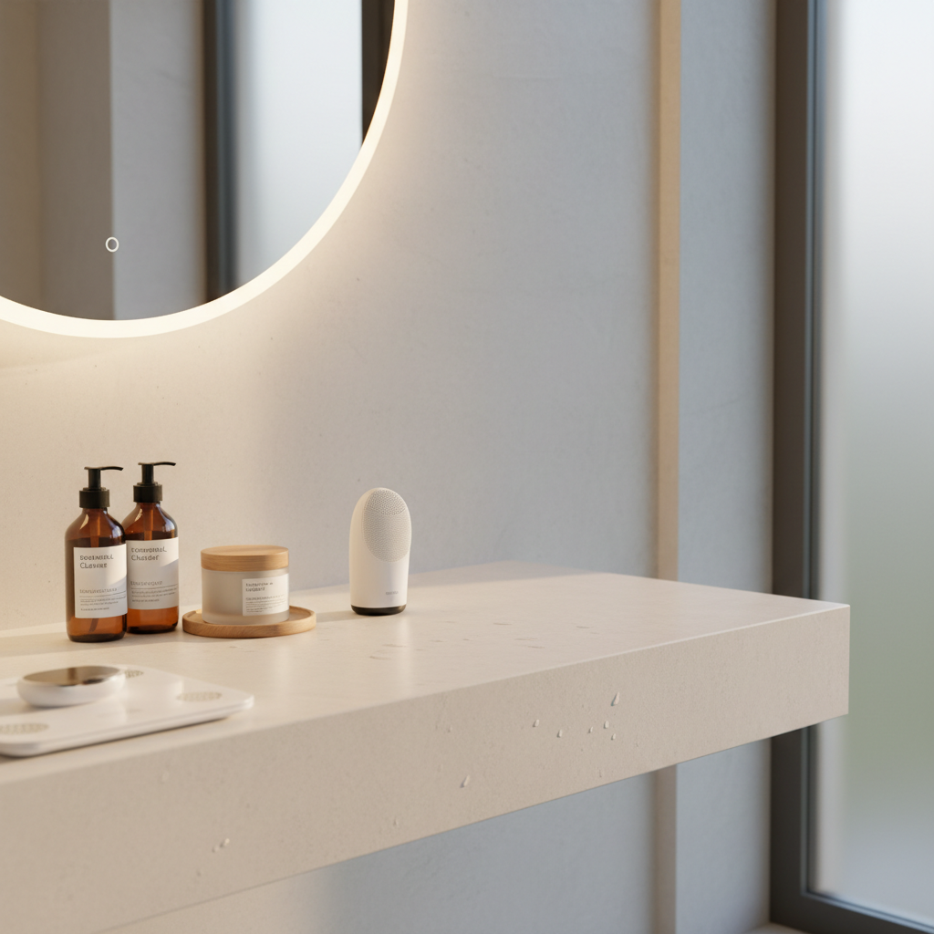 A serene bathroom vanity in pale stone, showcasing skincare and wellness products from different global brands: amber glass pump bottles with minimalist labels, a frosted glass jar of face cream on a small bamboo tray, a compact white sonic facial cleansing device, and a cylindrical smart scale tucked under the edge of the vanity. A round backlit mirror glows softly above, contributing warm, even illumination that mixes with cool, diffused morning light from a frosted window. Water droplets on the stone surface add tactile realism. The composition is centered yet slightly asymmetrical, with space along one side for overlay text. Photographic realism, calm and spa-like mood, ideal for a detailed skincare routine guide or brand story feature.