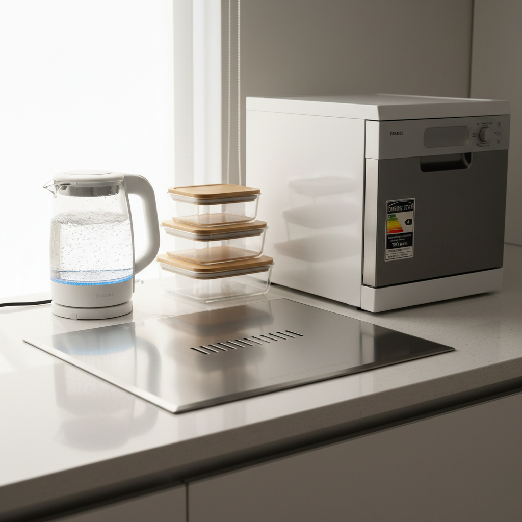 A bright, organized kitchen counter scene focusing on home and lifestyle products: a stainless-steel induction cooktop with a brushed finish, a glass electric kettle with blue LED ring boiling water, a set of stackable glass food containers with bamboo lids, and a compact countertop dishwasher with an energy-efficiency label clearly visible on the front. The counter is a light quartz surface, spotless and reflective. Natural daylight floods in from a large unseen window, casting soft, realistic highlights and faint reflections beneath each product. The mood is clean, aspirational and informative. Captured at eye level with a slight angle to show product details and labels, sharp focus throughout. Photographic realism and a modern aesthetic support an in-depth buying guide on sustainable kitchen upgrades.