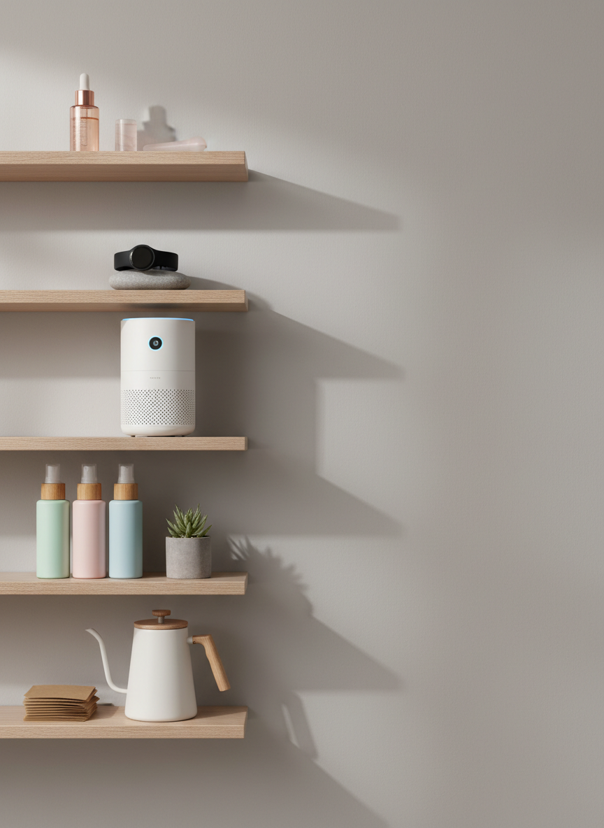 An elegant wooden shelf system against a neutral light-gray wall, displaying carefully spaced items from beauty, wellness, technology, home and lifestyle categories: a rose-gold serum bottle, a matte-black fitness tracker, a compact air purifier with a glowing indicator ring, a stack of eco-friendly cleaning sprays in pastel bottles, and a minimalist ceramic pour-over kettle. Each product sits on its own shelf level, visually separated yet balanced. Soft, diffused daylight from an unseen window creates even illumination with subtle, realistic shadows. The composition uses the rule of thirds, with negative space on one side for potential text overlay. Photographic realism, clean and modern mood, emphasizing clarity, comparison and informed consumer choice.